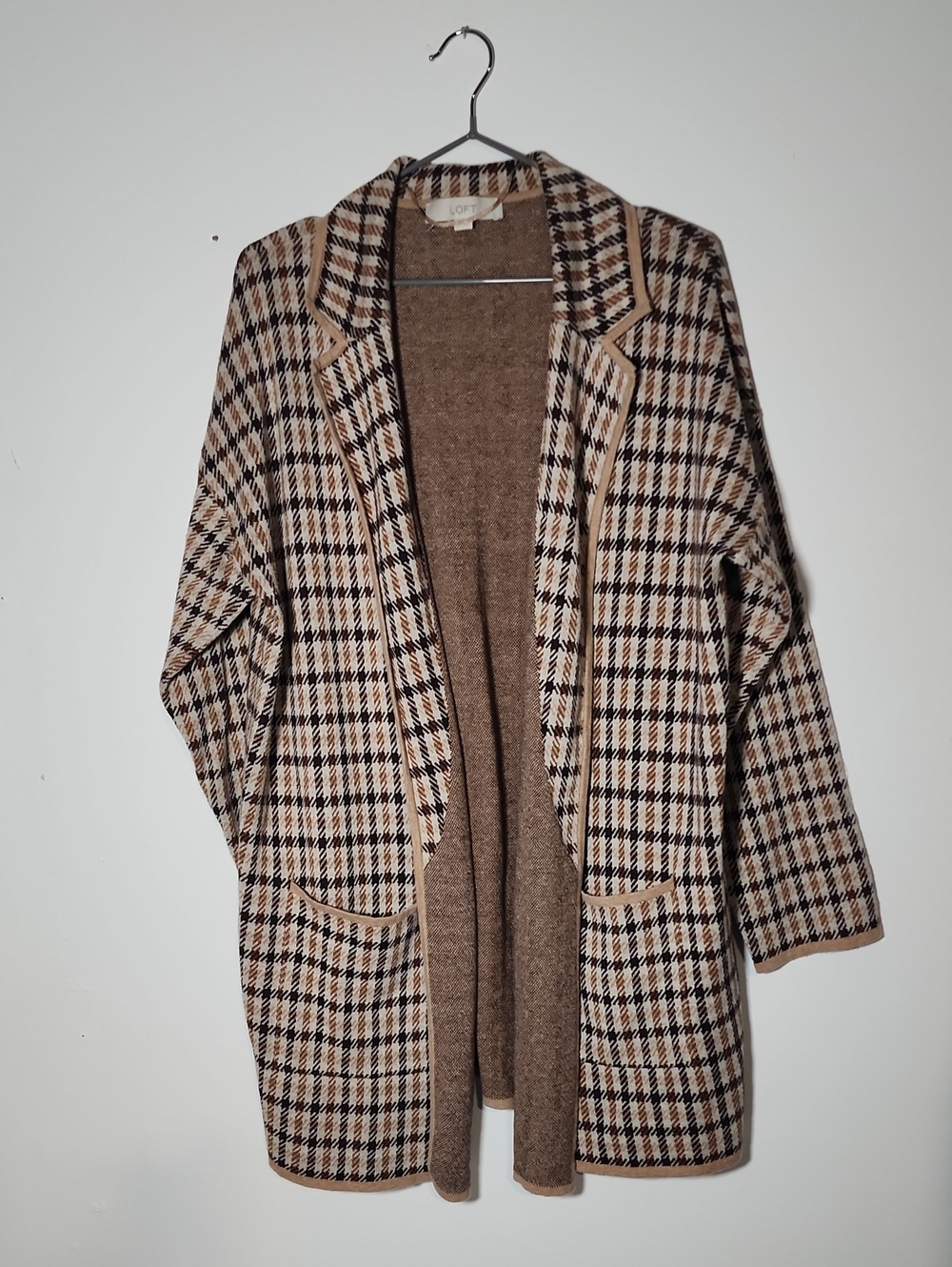 LOFT Brown and Cream Plaid Open Coatigan